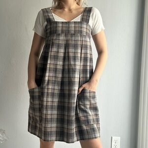 H&M Wool Blend Check Pleated Babydoll Pinafore Flare Dress w/ Pockets in Gray